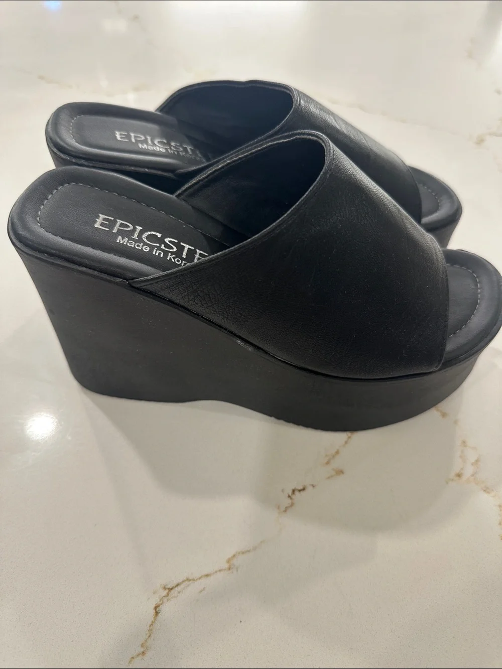 EricsT Black Leather Platform Wedge Slide Sandals